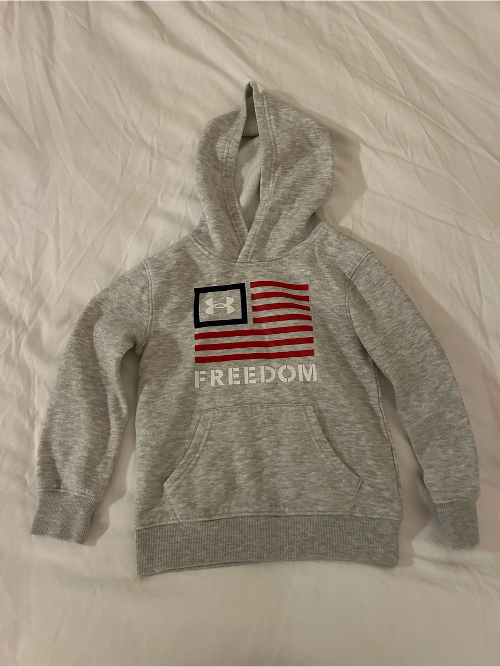 Under Armour Kids Heather Gray Hoodie with Red & Navy Flag Graphic